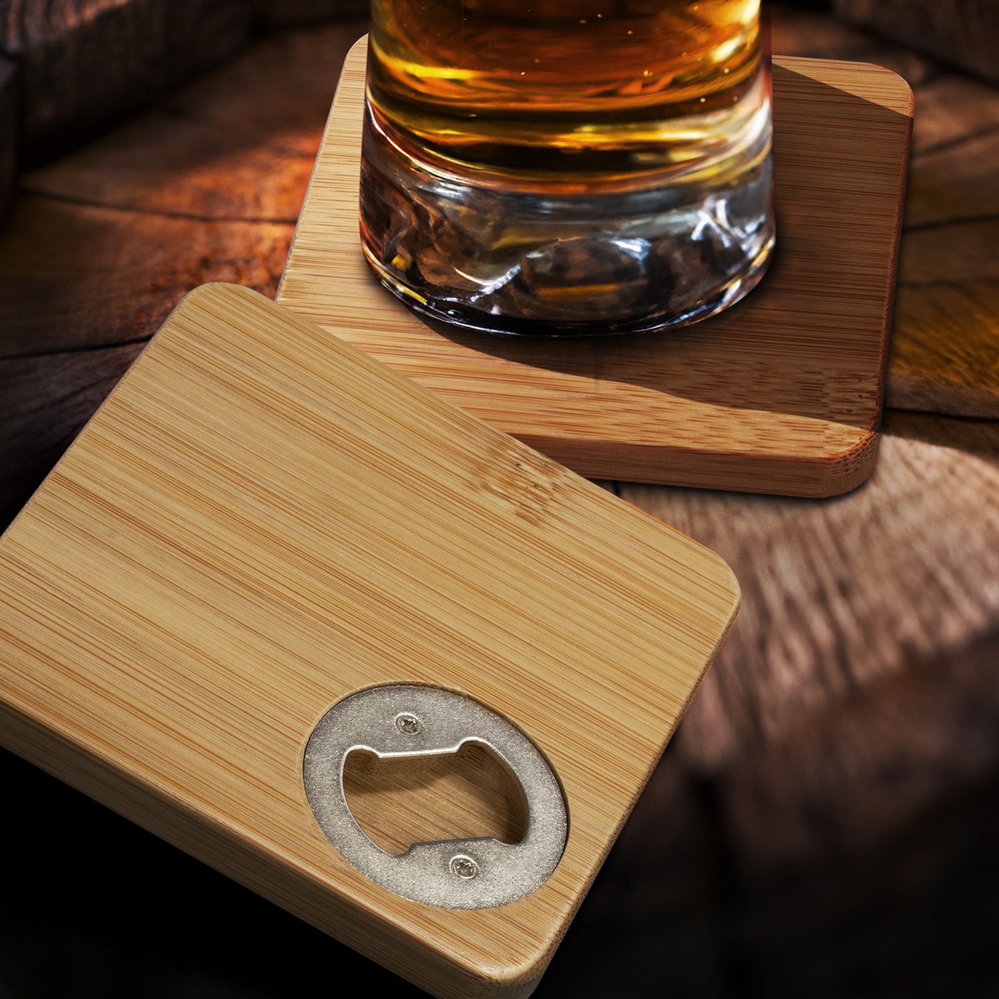Bamboo Bottle Opener Coaster – Set of 2 – Square